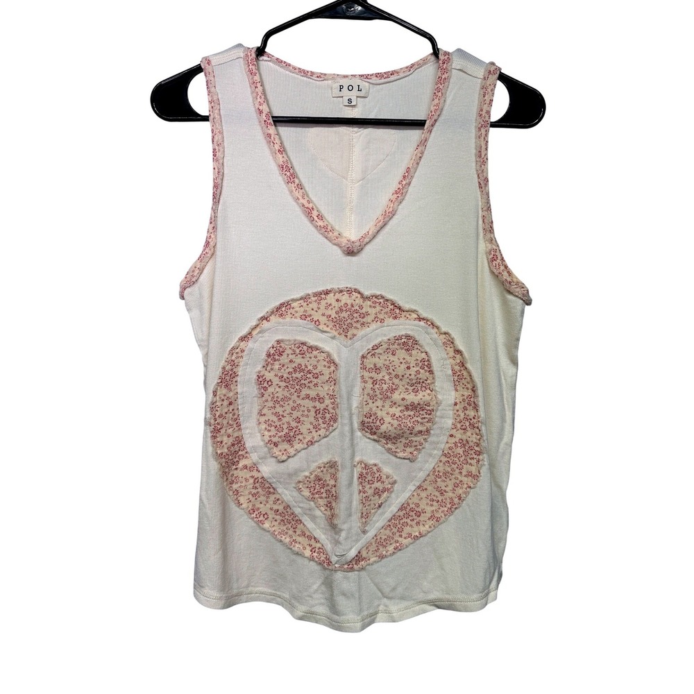 POL Womens Cream Ribbed Heart Peace Sign Tank Top Raw EdgeSmall